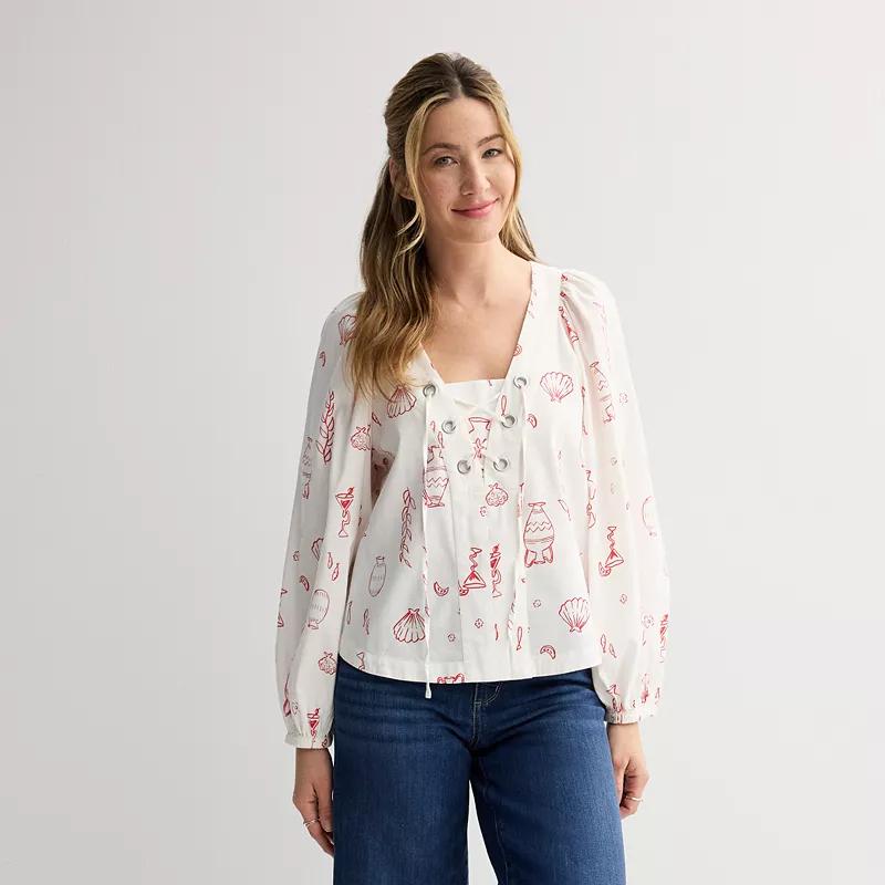 Women's Sonoma Goods For Life® Long Sleeve Lace-Up Top, Size: Large, White Red Print Product Image