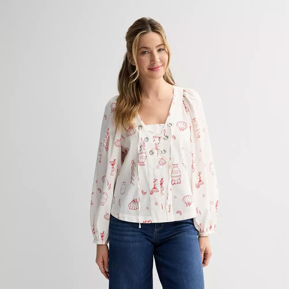 Women's Sonoma Goods For Life® Long Sleeve Lace-Up Top, Size: Large, White Red Print Product Image