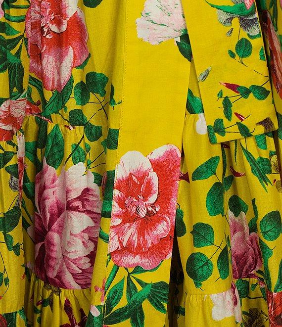 Gibson & Latimer Woven Floral Print Poplin V-Neck Long Blouson Sleeve Tie at Side Wrap A-Line Flounce Midi Dress Product Image