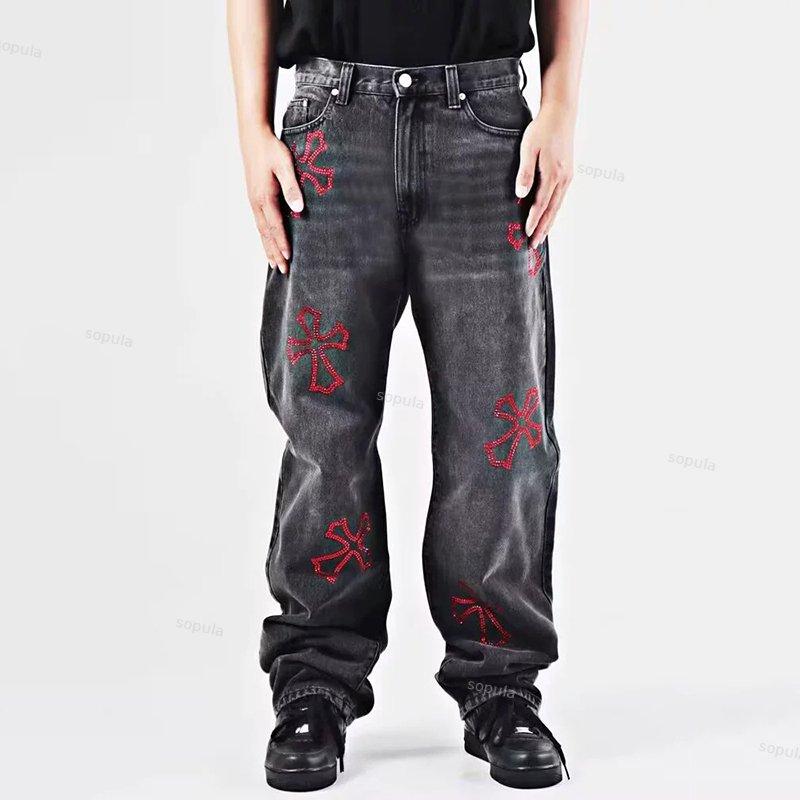 Men's Street Ecross Rhinestone Denim Straight Pants Product Image