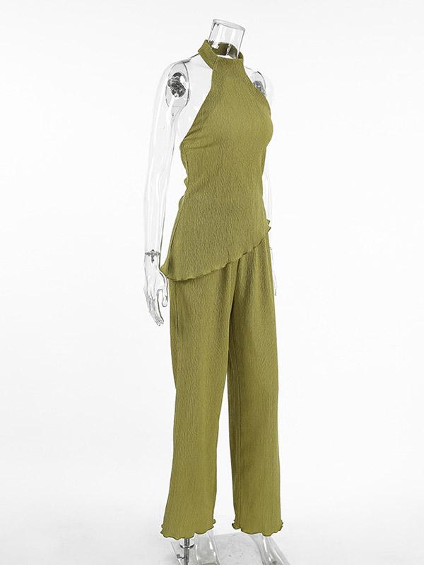 Solid Color Pleated Sleeveless Asymmetric High Neck Vest + Wide Leg Pants Two Pieces Set Product Image