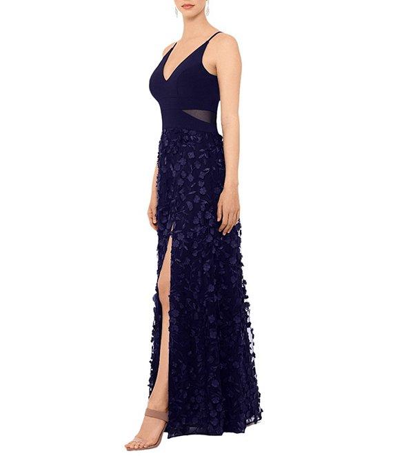 Xscape ITY Jersey 3D Flower V-Neck Sleeveless Side Slit A-Line Gown Product Image
