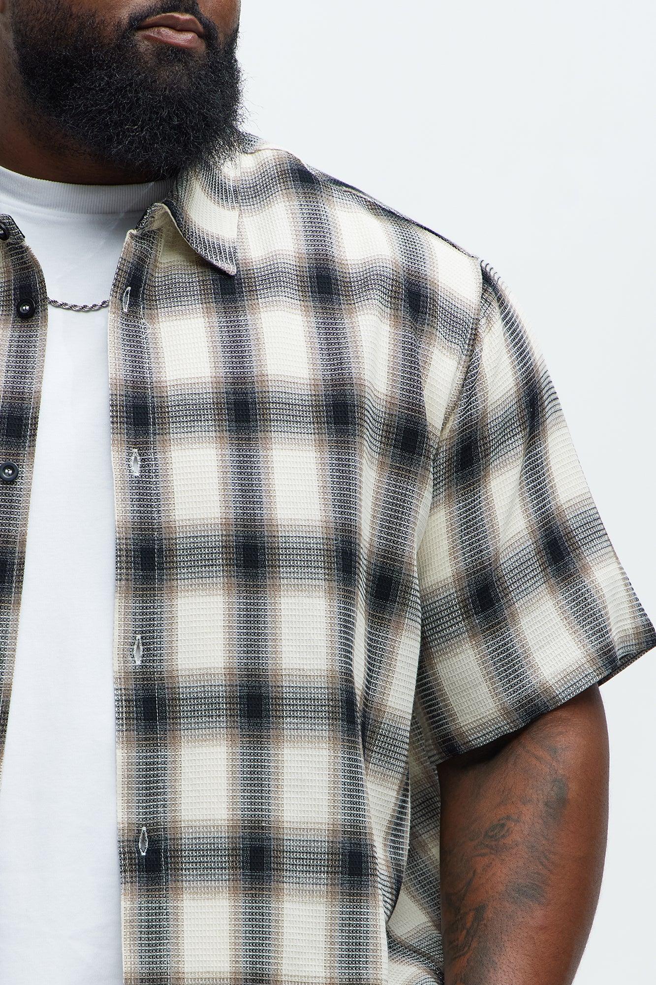 Plaid Waffle Texture Button Up Shirt - Black/combo Product Image