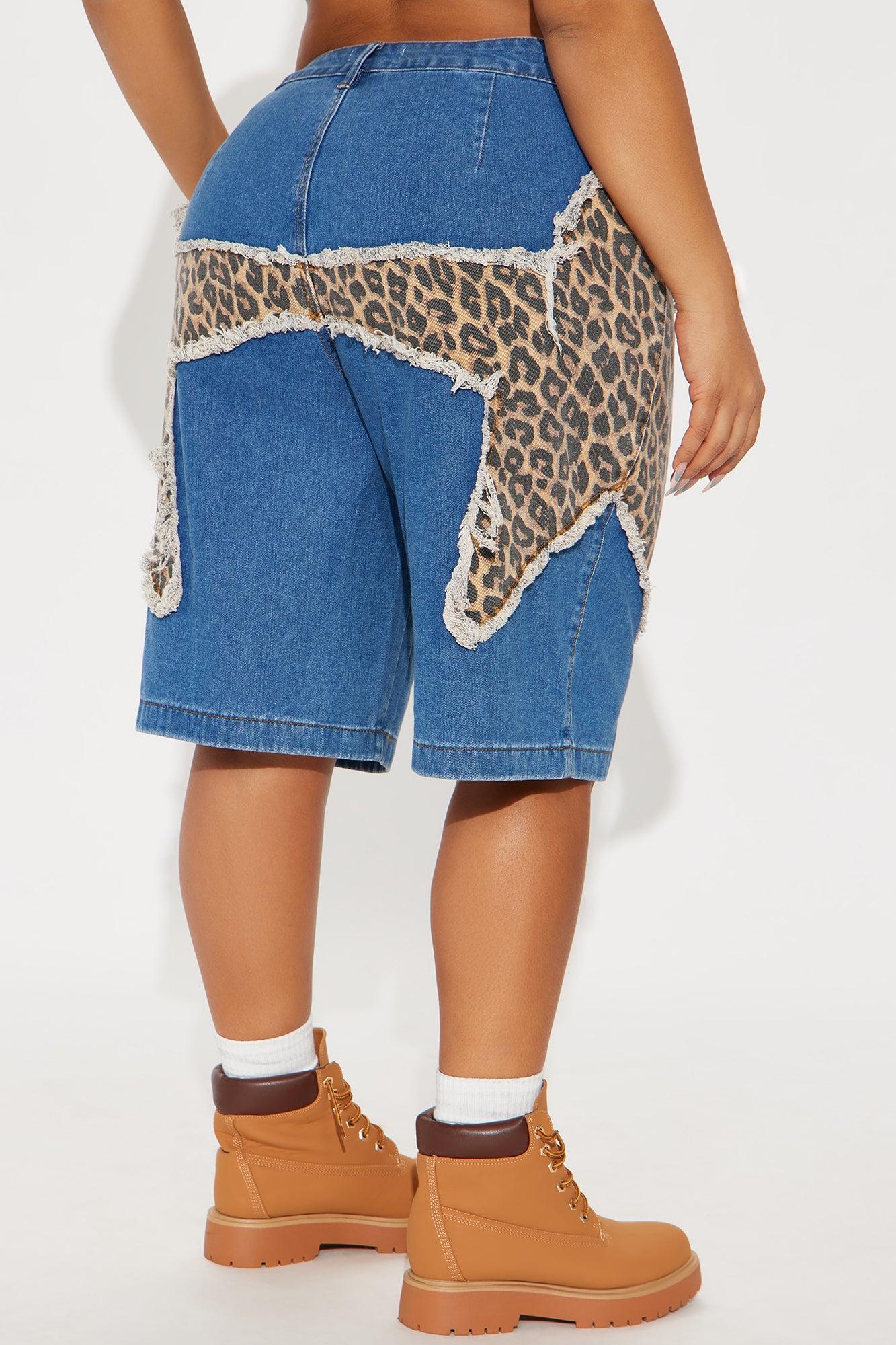 Spotted Soul Leopard Denim Jorts - Medium Wash Female Product Image