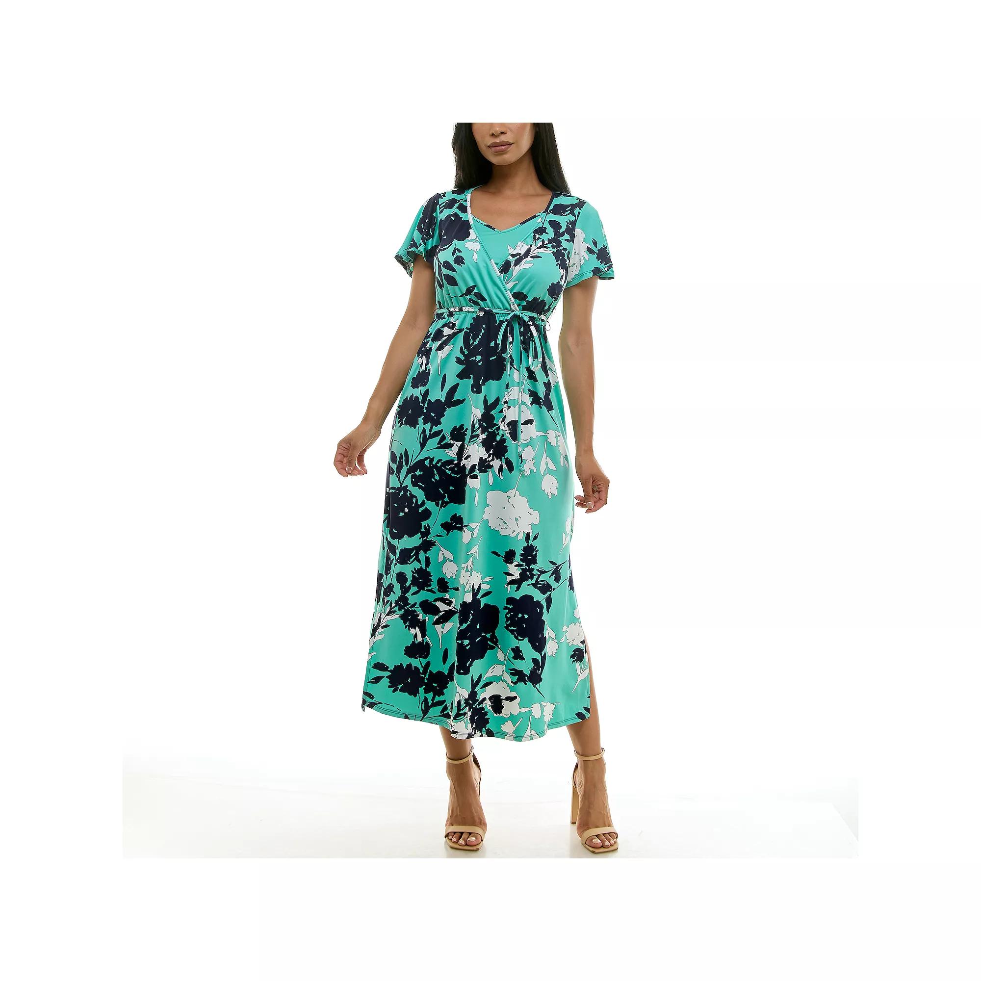 Women's Nina Leonard Flutter Sleeve Faux Undershirt Maxi Dress,  Product Image