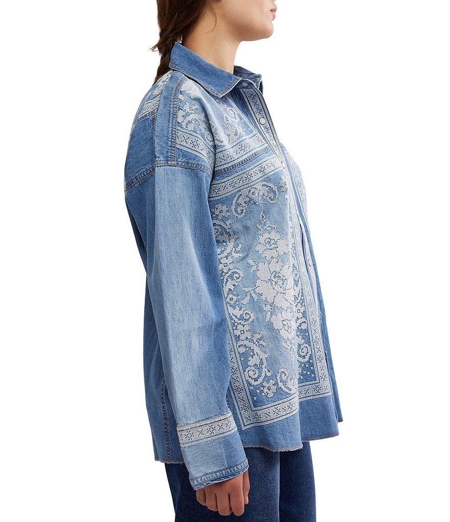 Free People We The Free Lace Embroidered Denim Point Collar Neck Long Sleeve Button Front Top Product Image