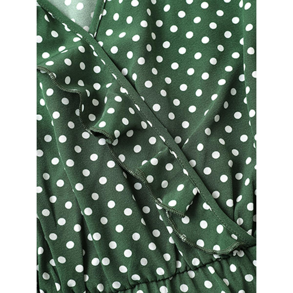 Plus Size Polka Dot Flutter Trim Belted Overlap Collar Dress Green Women Elegant Non Overlap Collar Short sleeve Curvy Midi Dress BloomChic 18-20/2X Product Image
