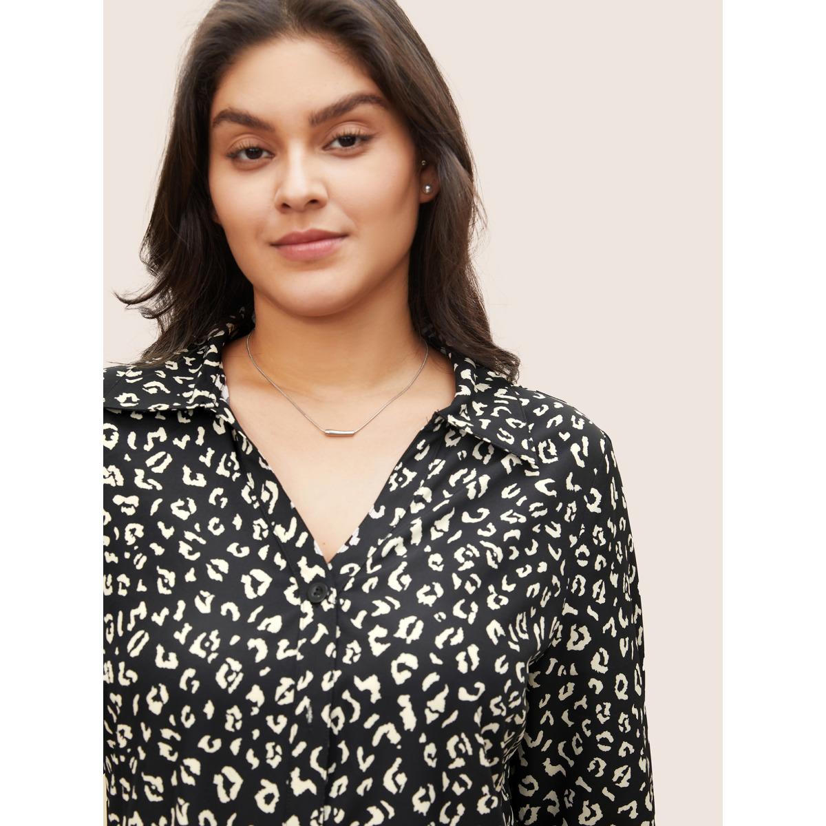 Plus Size BlackFlower Leopard Print Shirt Collar Button Up Blouse Women At the Office Elbow-length sleeve Shirt collar Work Blouses BloomChic 22-24/3X Product Image