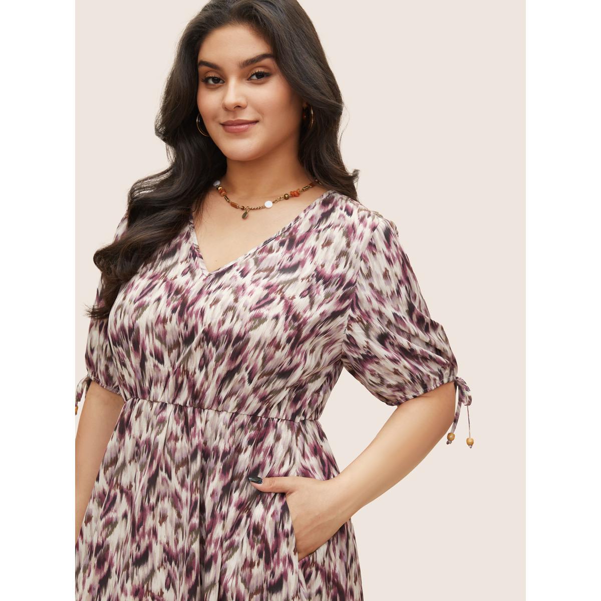 Plus Size Ombre Brush Print Ties Elastic Waist Dress RedViolet Women Elegant Non V-neck Half Sleeve Curvy Midi Dress BloomChic 10/M Product Image