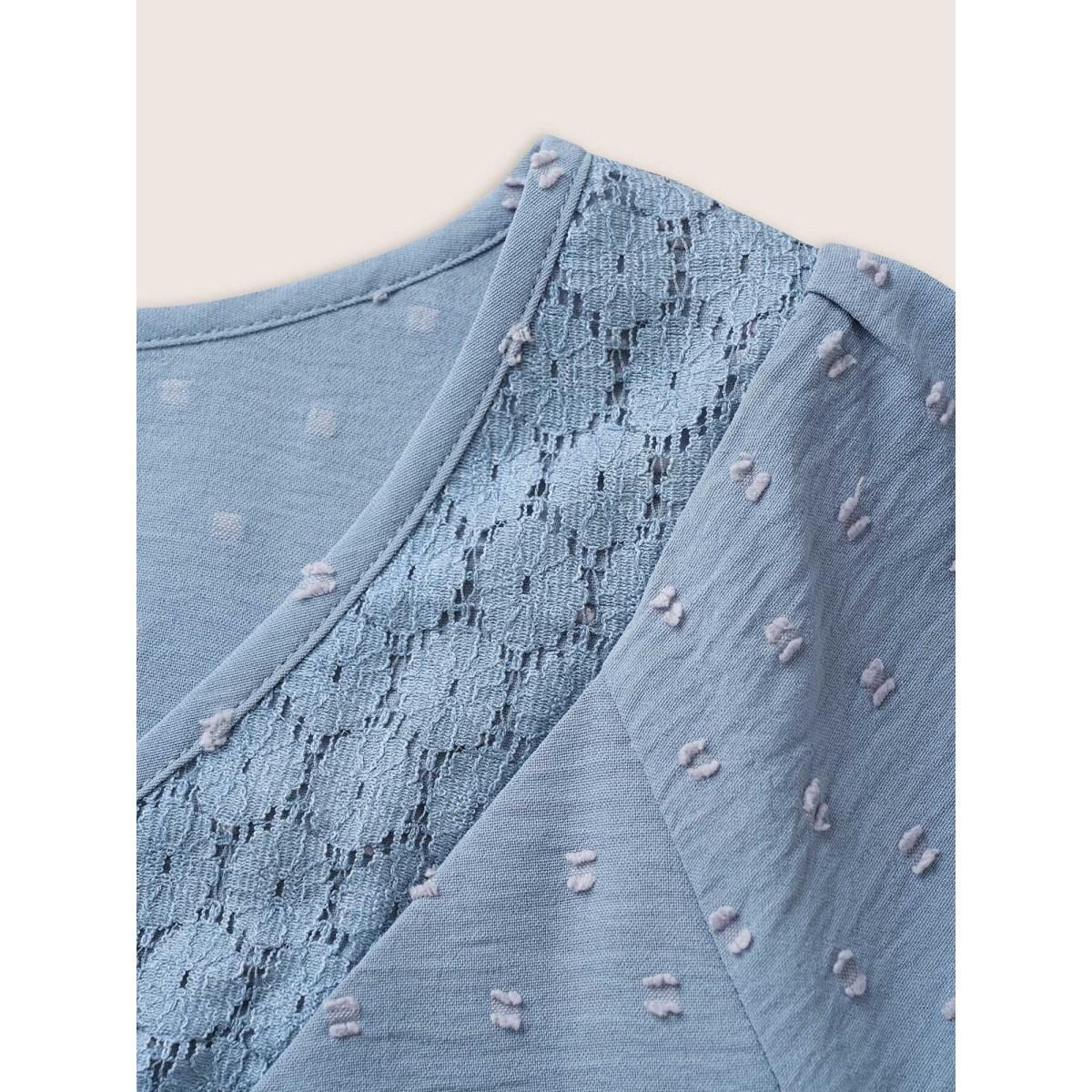 Plus Size Stone Plain Texture Lace Patchwork Lantern Sleeve Blouse Women Elegant Half Sleeve V-neck Everyday Blouses BloomChic 14-16/1X Product Image