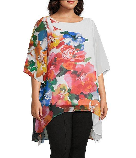 Slim Factor by Investments Plus Size Fragrant Floral Print Boat Neck 3/4 Sleeve Lined Tunic Product Image