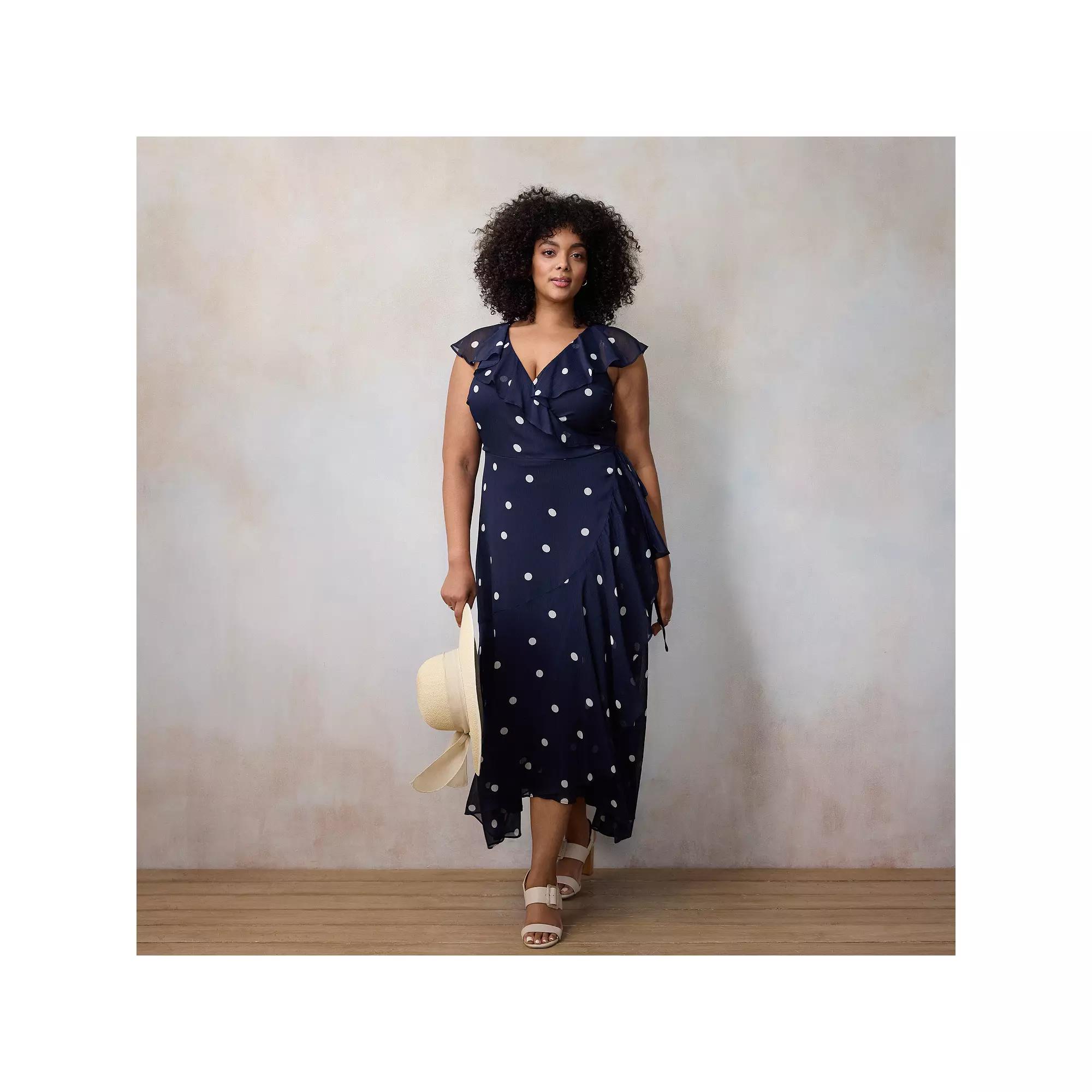 Plus Size LC Lauren Conrad Flutter Sleeve Wrap Maxi Dress, Women's, Size: 1XL, Blue Audrey Dot Product Image