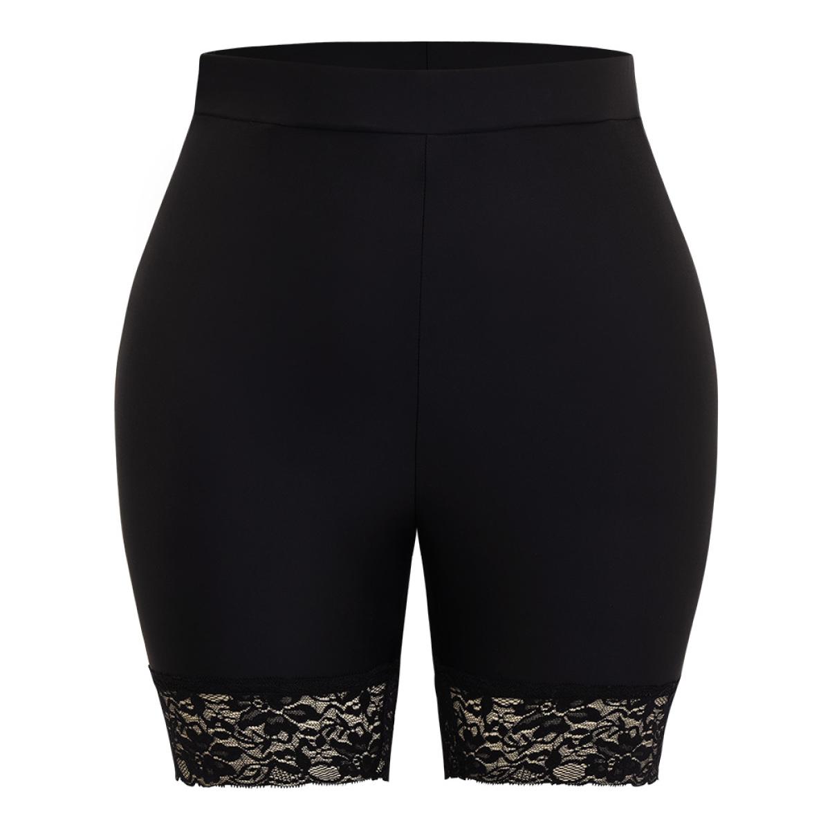 Plus Size Plain Guipure Lace Elastic Waist Leggings Women Black Elegant High stretch Skinny High Rise Dailywear Leggings BloomChic 30/6X Product Image