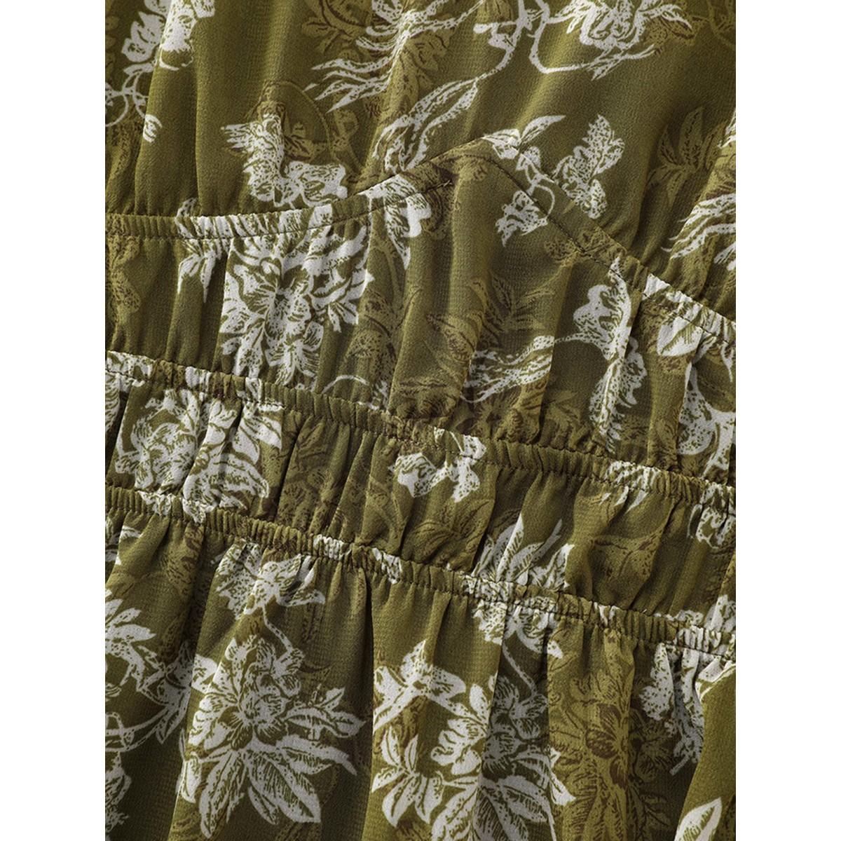 Plus Size Olive Monochrome Floral Print Shirred Waist Blouse Women Romantic Extra Long Sleeve Square Neck Elegant Blouses BloomChic 14-16/1X Product Image