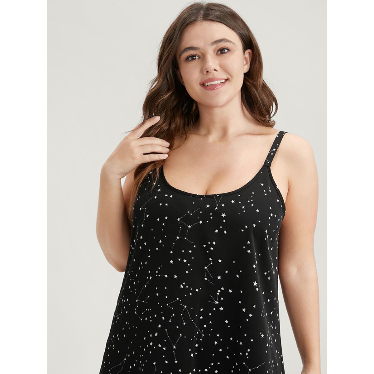 Plus Size Star Print Sleeveless Cami Night Dress Women Black Elegant Moon and Star Printed Spaghetti Strap Loungewear BloomChic 10/M Product Image
