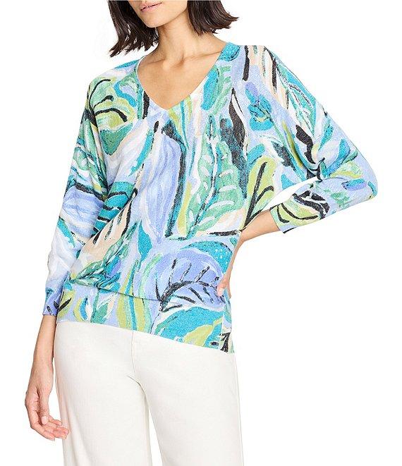 NIC + ZOE Island Beat Print V-Neck Bracelet Sleeve Sweater Product Image