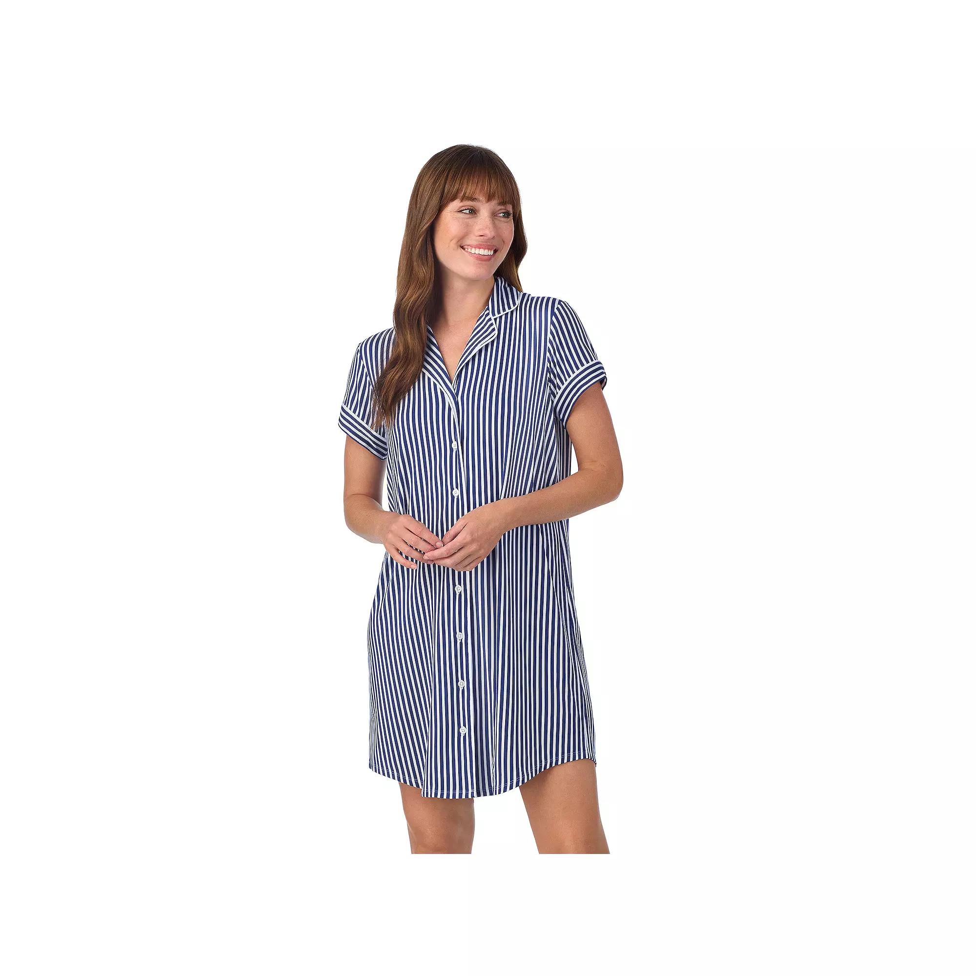 Women's Draper James Printed Cozy Short Sleeve Notch Collar Sleepshirt, Size: Medium, Blue Stripe Product Image