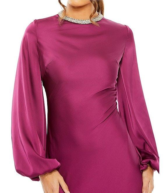 Mac Duggal Long Bishop Sleeve Beaded Crew Neck Satin Gown Product Image