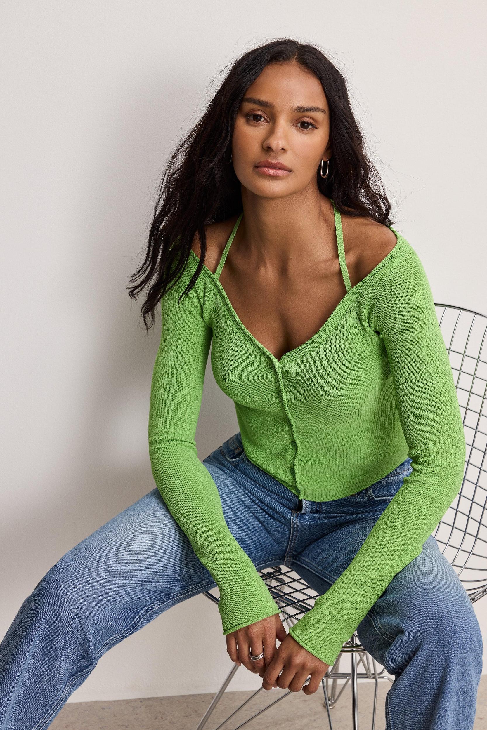 STRETCH RIB KNIT OFF SHOULDER TOP | LIME005 Product Image