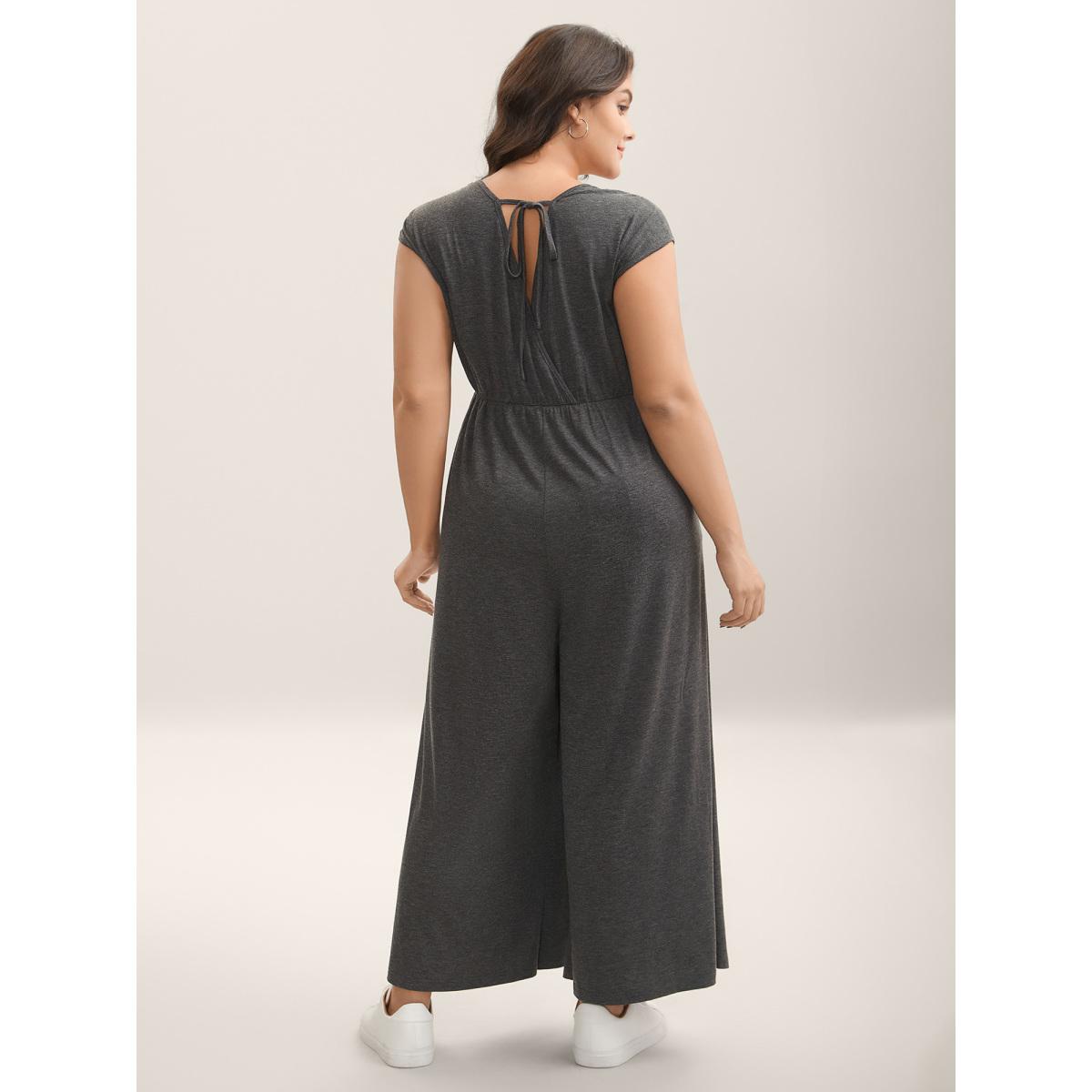 Plus Size DimGray Pleated Waist Pockets Wide-Leg Jumpsuit Women Cap Sleeve V-neck Casual Loose Jumpsuits BloomChic 14-16/1X Product Image