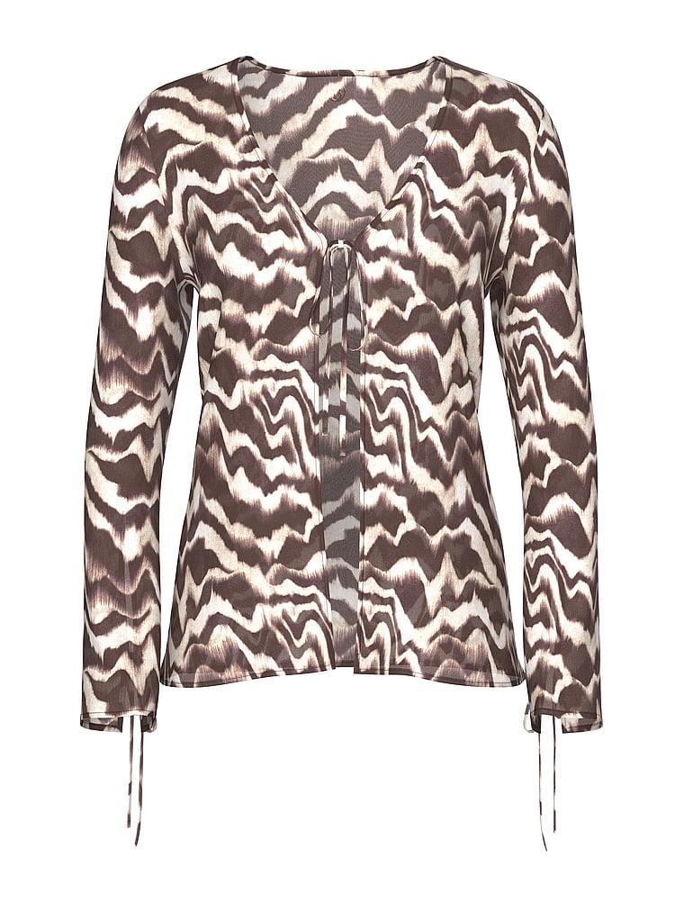 Beachwear Sheer Crinkle Tie-Front Long-Sleeve Top Product Image