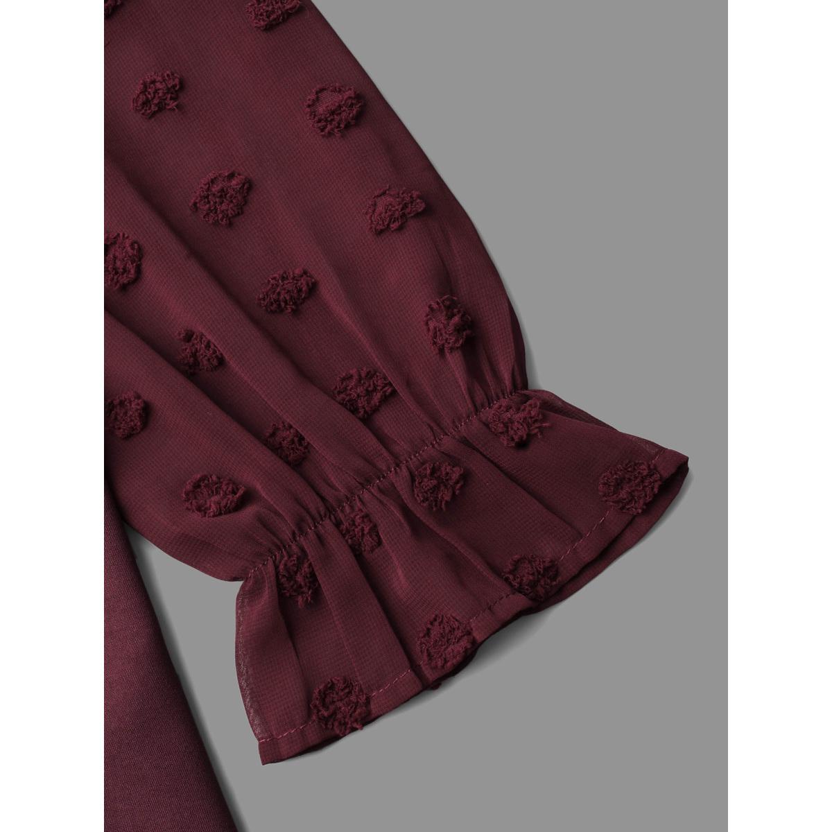 Plus Size Deepred Texture Ruffles Patchwork Gathered Blouse Women Elegant Long Sleeve Stand-up collar Everyday Blouses BloomChic 28/5X Product Image