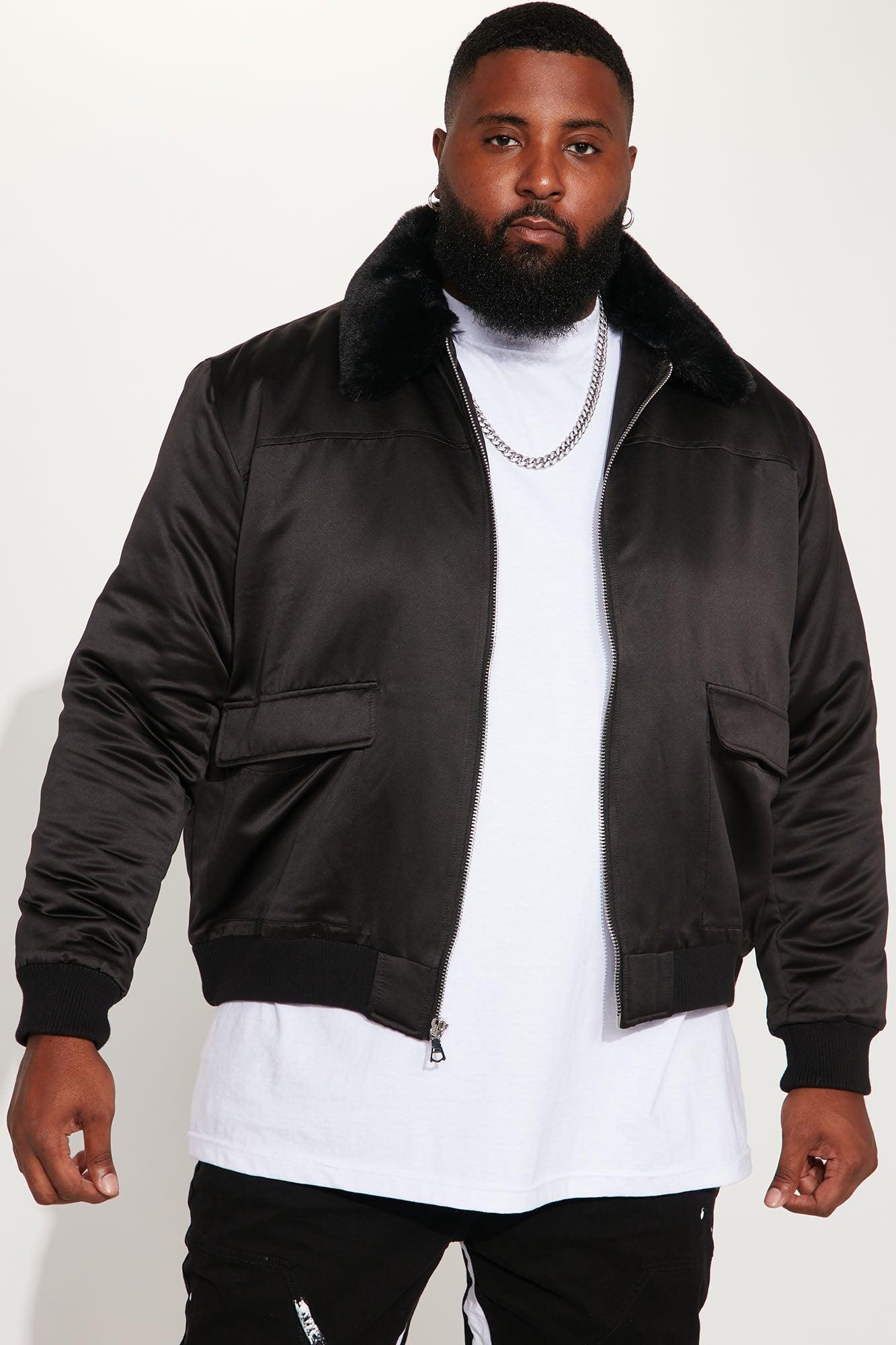 Faux Fur Collar Aviator Bomber Jacket - Black Product Image