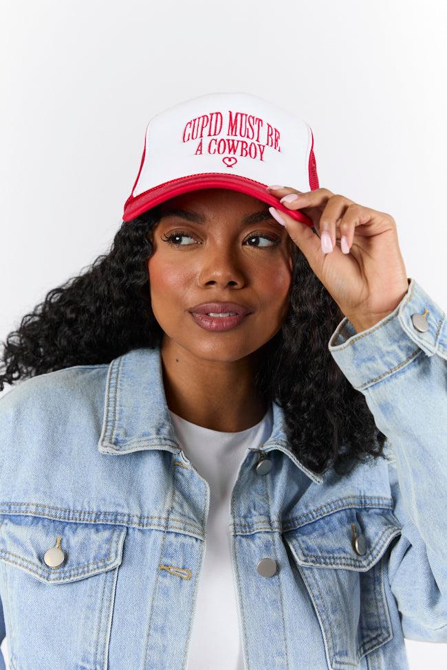 Cupid Must Be A Cowboy Red and White Trucker Hat FINAL SALE Product Image