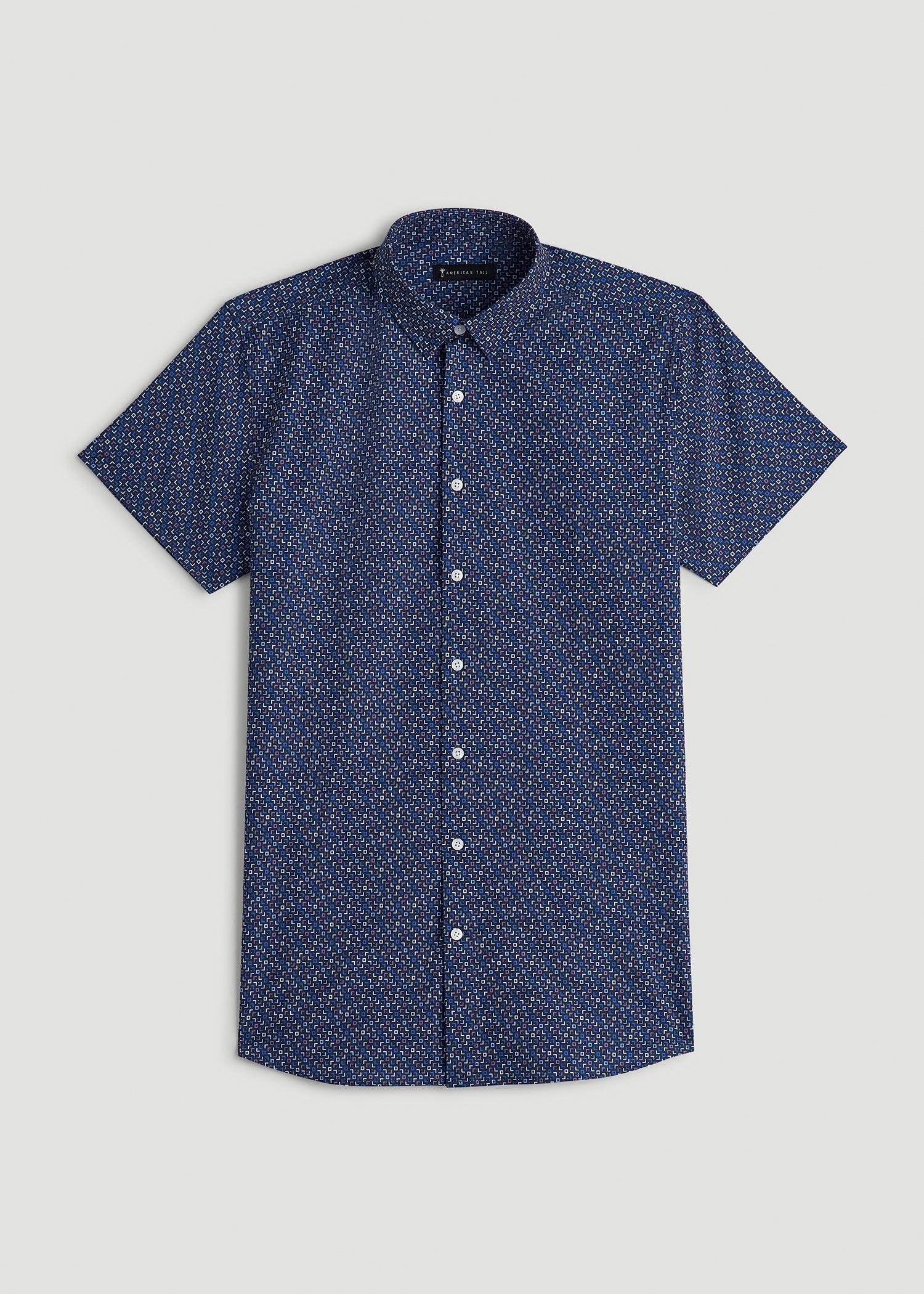 Short Sleeve Traveler Stretch Button Shirt for Tall Men in Blue Fleck Male Product Image