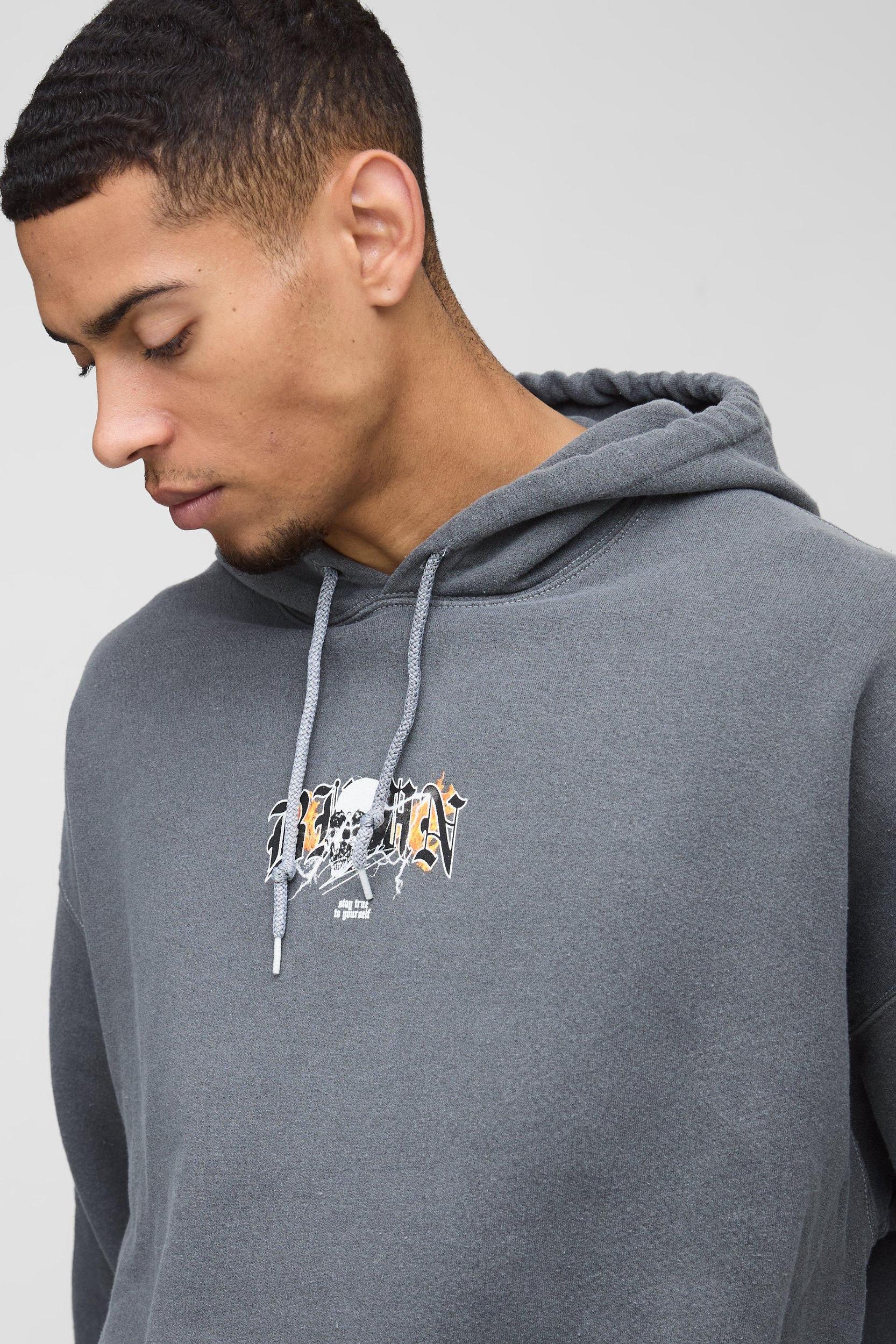 Oversized BHMN Gothic Bird Large Graphic Washed Hoodie | boohooMAN USA Product Image