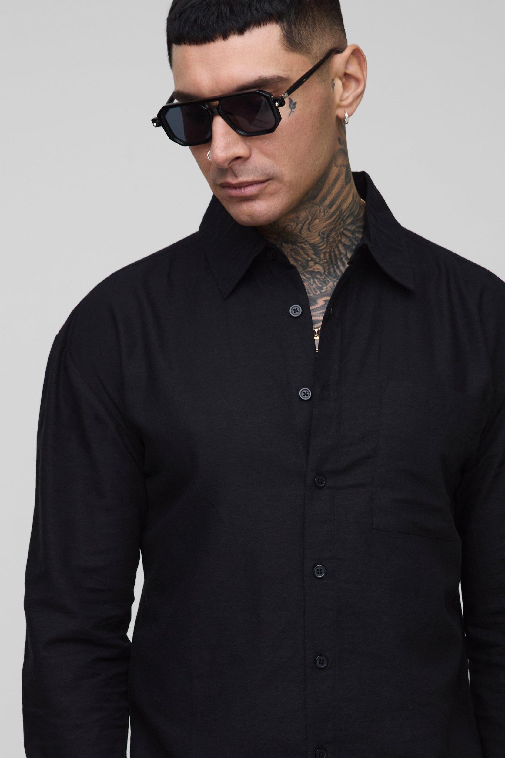 Tall Long Sleeve Linen Look Regular Fit Shirt Jacket | boohooMAN USA Product Image