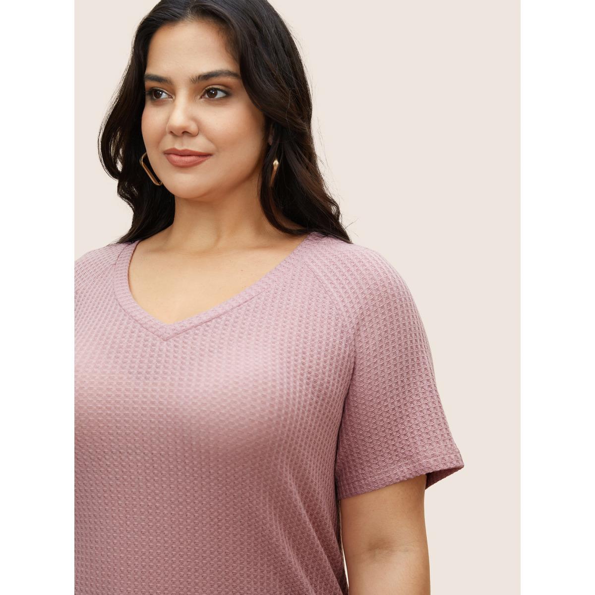 Plus Size Plain Waffle Knit V Neck T-shirt Rouge Women Casual Non V-neck Everyday T-shirts BloomChic 14-16/1X Product Image