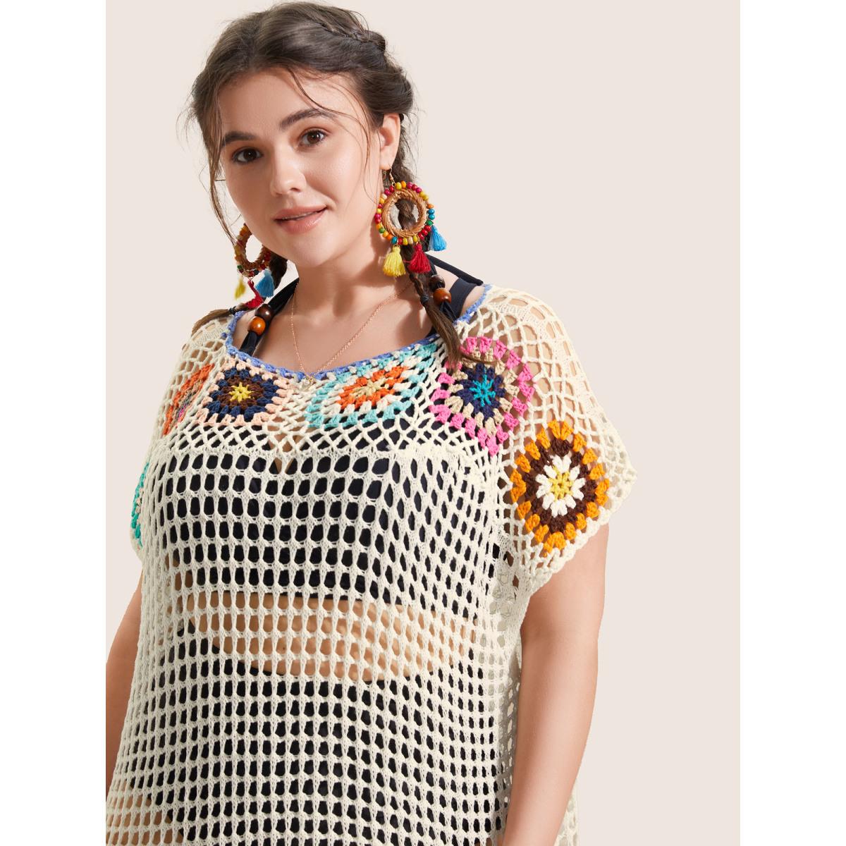 Plus Size Contrast Crochet Cut Out Slit Hem Swim Cover Up Women's Swimwear Ivory Beach Loose Crochet Curve Swim Cover Ups BloomChic 12/L Product Image