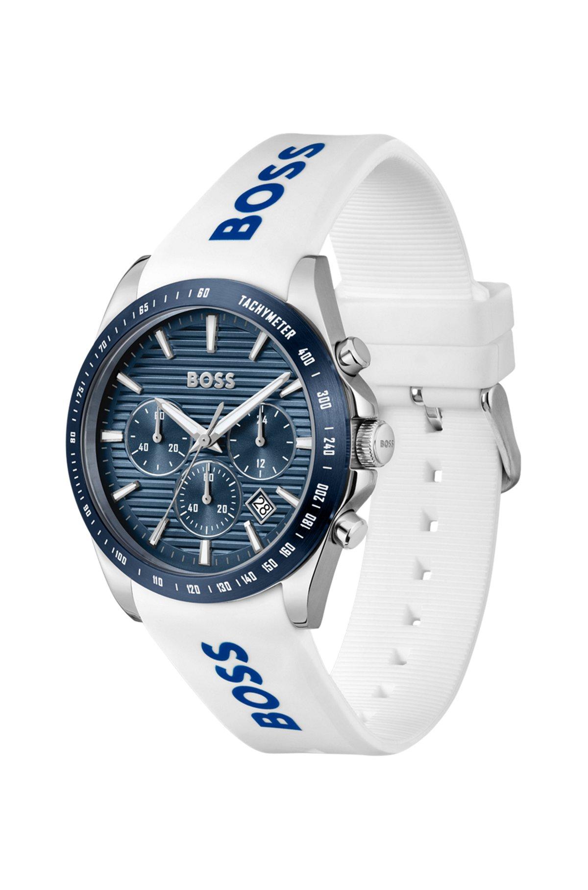 Grooved-dial chronograph watch with silicone logo strap Product Image