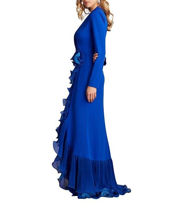 Tadashi Shoji Crepe V Neck Long Sleeve Ruffle Mermaid Gown Product Image