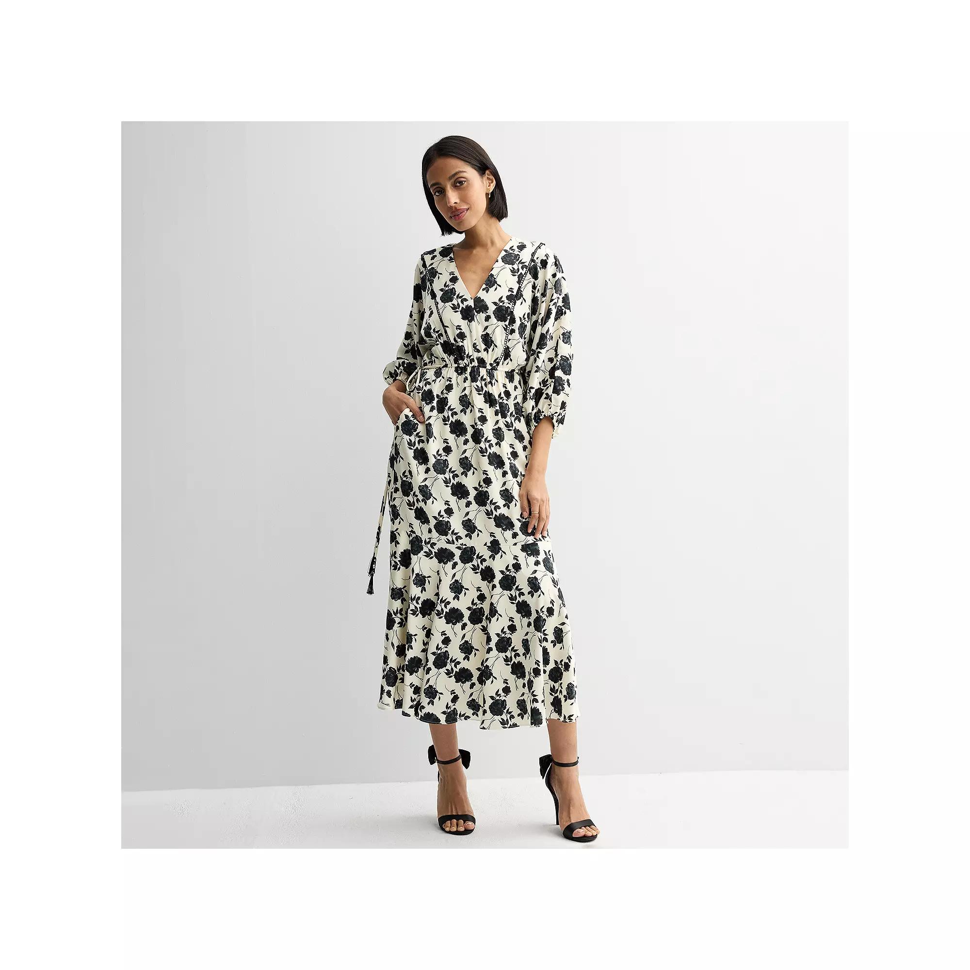 Women's Taylor Blouson Satin Midi Dress, Size: 8, Ecru Black Product Image