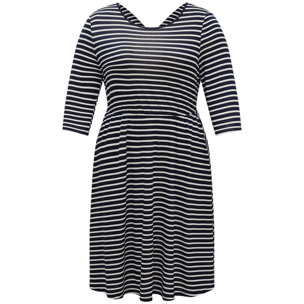 Plus Size Striped Crew Neck Pocket Twist Back Dress Indigo Women Casual Elastic Waist Round Neck Elbow-length sleeve Curvy Midi Dress BloomChic 12/L Product Image