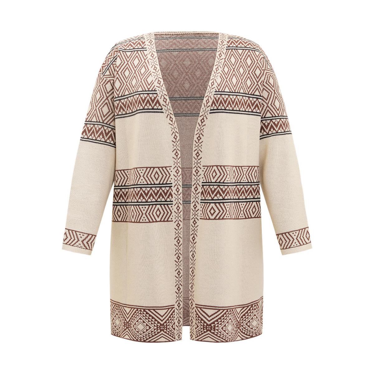 Plus Size Geometric Open Front Cardigan Champagne Women Casual Loose Long Sleeve Dailywear Cardigans BloomChic 28/5X Product Image