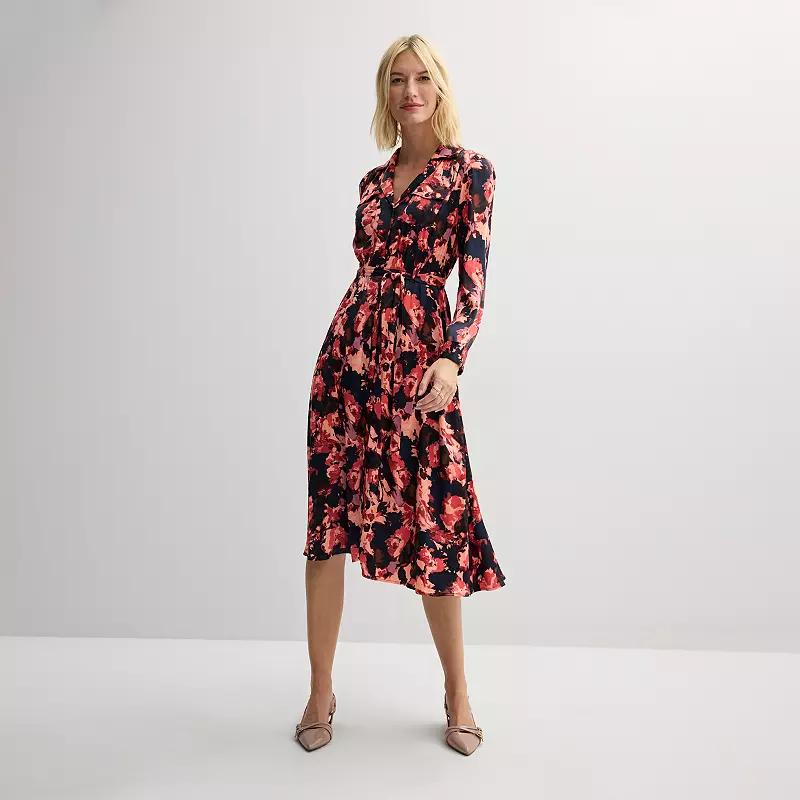Women's Nine West Midi Shirt Dress, Size: XXL, Pink Abstract Flora Product Image