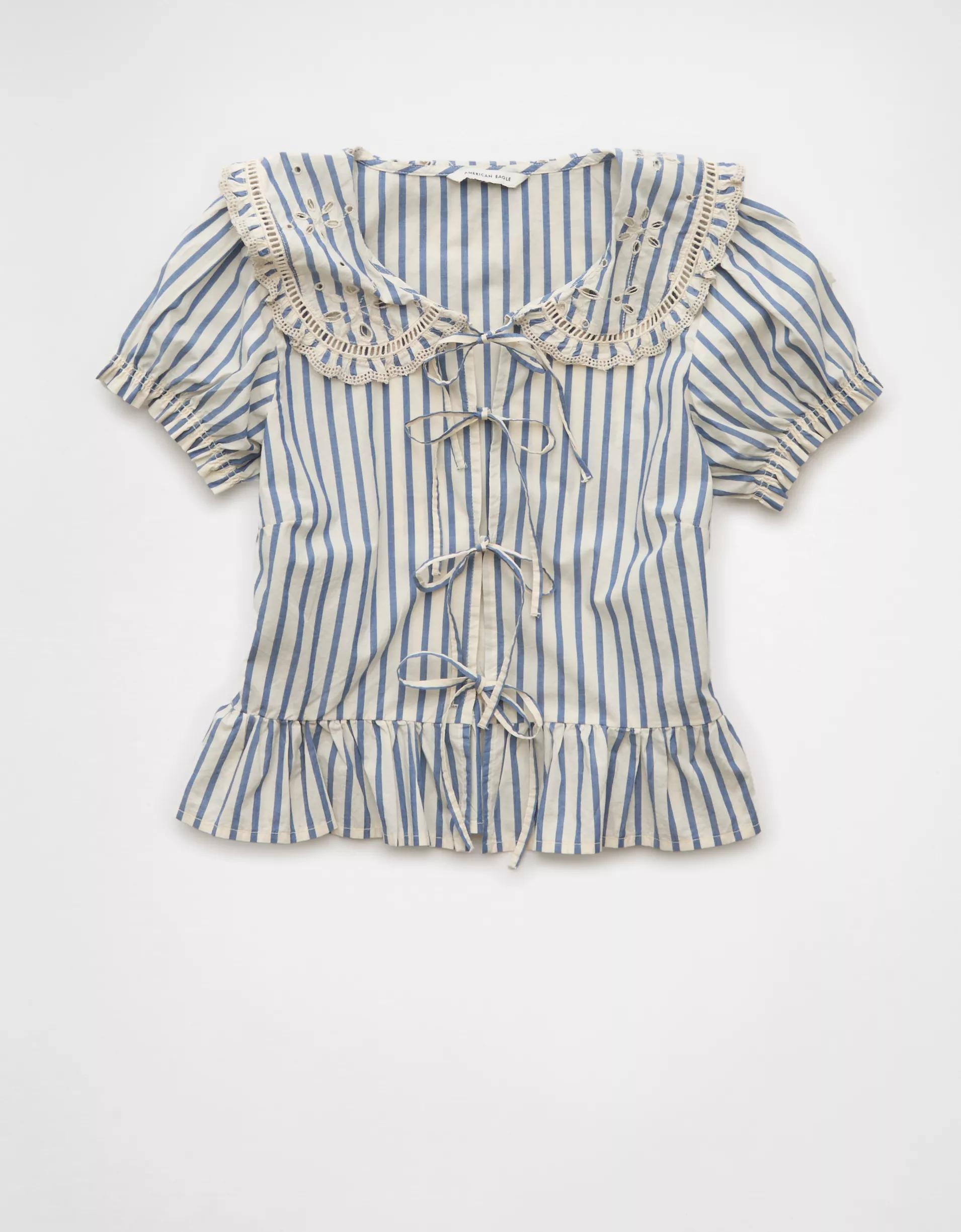 AE Collared Puff Sleeve Tie Front Blouse Product Image