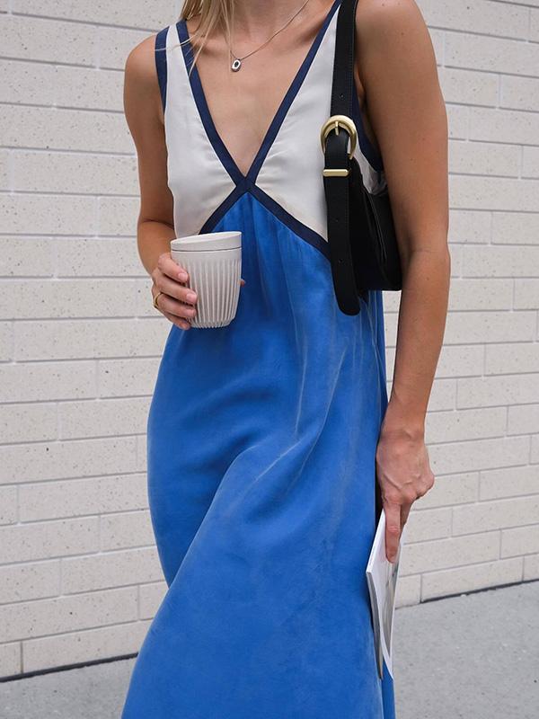 Loose Sleeveless Contrast Color Split-Joint Deep V-Neck Maxi Dresses Product Image
