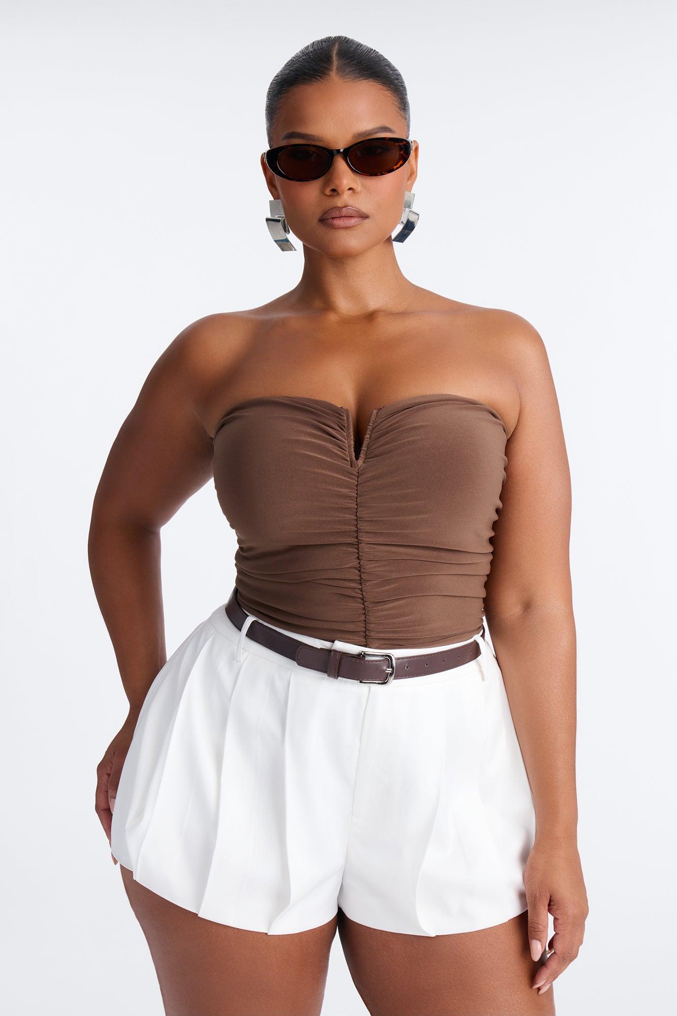 Gentle Blossom Ruched Notch Neck Strapless Bodysuit - Mocha Female Product Image