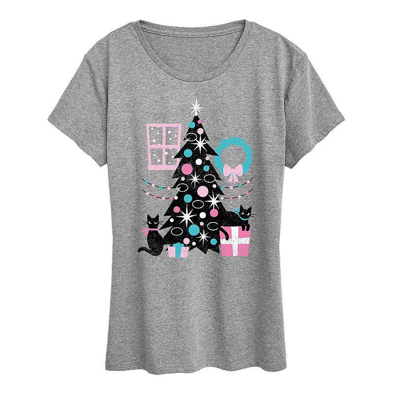 Women's Cats And Christmas Tree Graphic Tee, Girl's,  Product Image