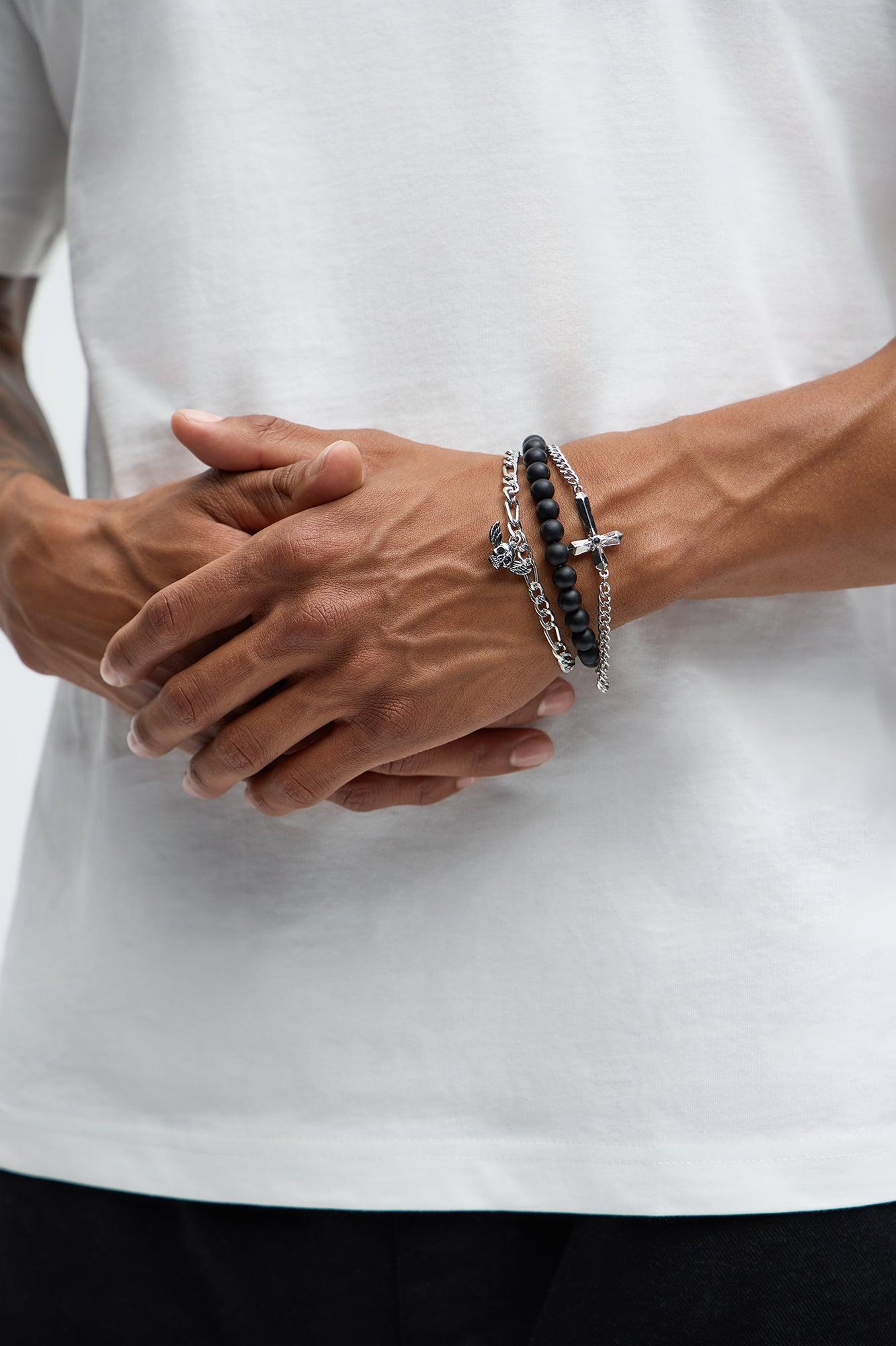 Celest Skull Bracelet Set - Silver/Black Product Image