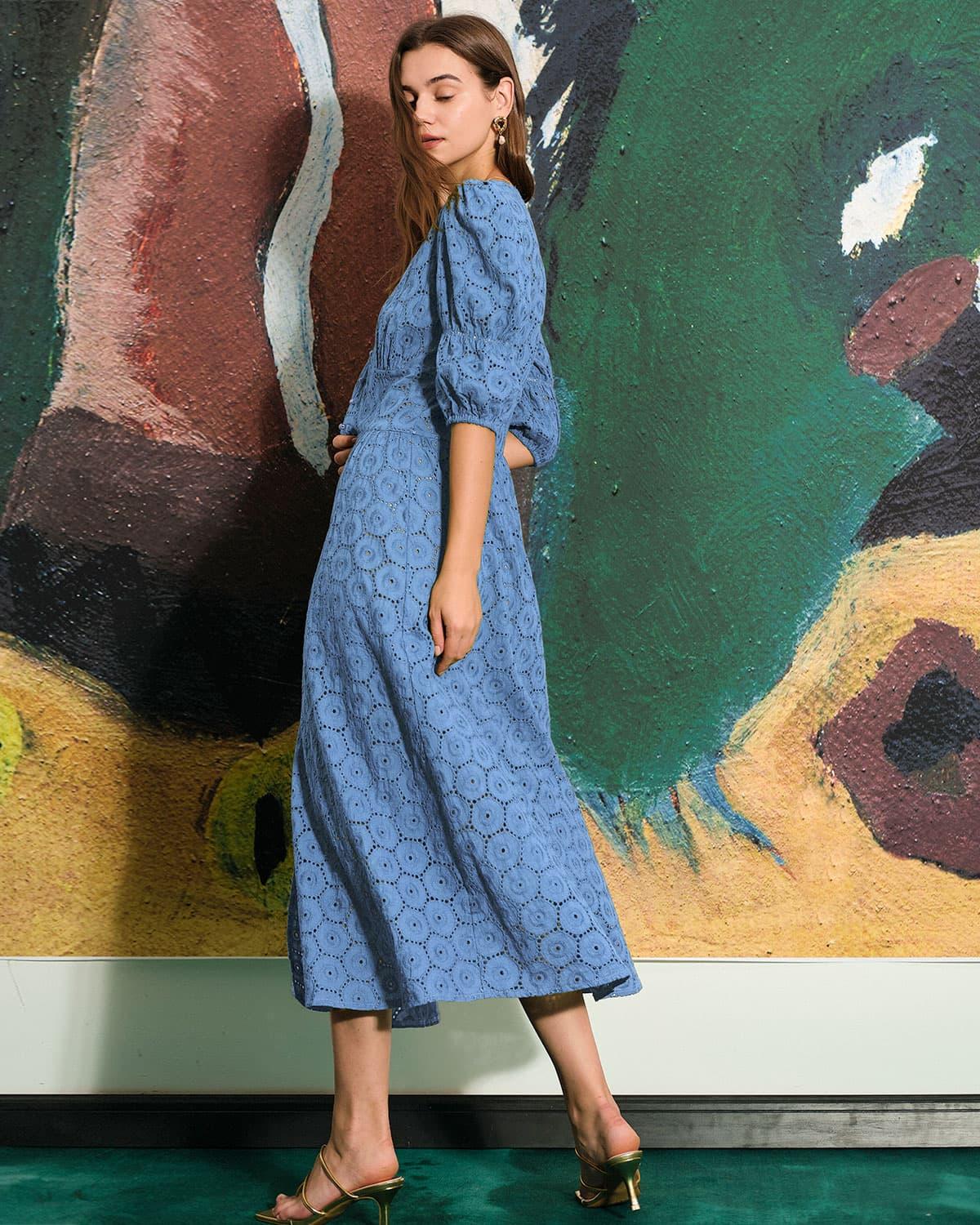 The Blue Puff Sleeve Cutout Slit Maxi Dress Female Product Image