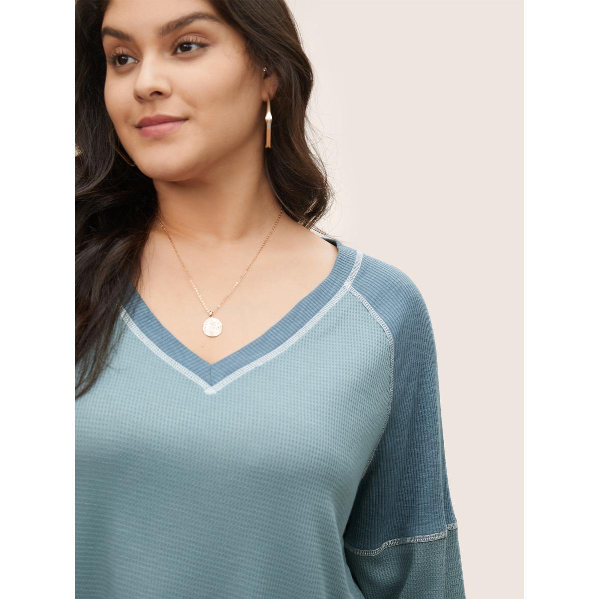 Plus Size Patchwork Texture Waffle Knit Sweatshirt Women Stone Casual Topstitching V-neck Everyday Sweatshirts BloomChic 18-20/2X Product Image