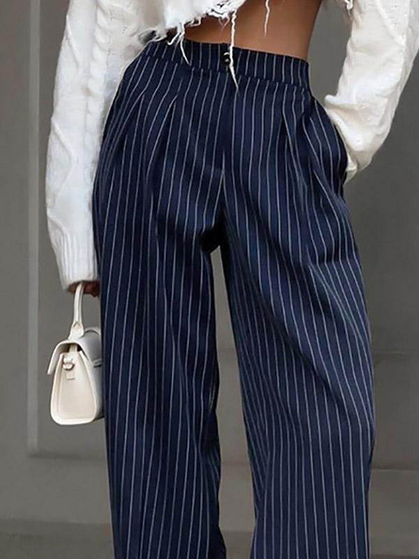 High Waisted Wide Pants Buttoned Striped Pants Trousers Product Image