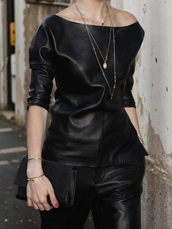 Half Sleeves Loose Solid Color Split-Joint One-Shoulder T-Shirts Product Image