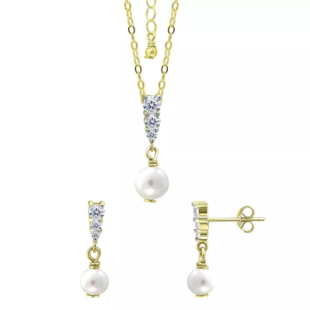 Aleure Precioso 18k Gold Over Silver Triple Cubic Zirconia & Freshwater Cultured Pearl Drop Pendant Necklace & Earrings Set, Women's, Size: 18", Gold Tone White Product Image