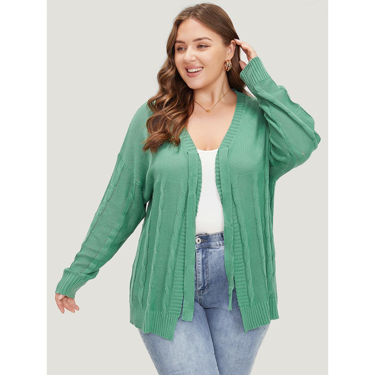 Plus Size Solid Ties Front Cable Knit Cardigan Green Women Casual Long Sleeve Dailywear Cardigans BloomChic 10/M Product Image
